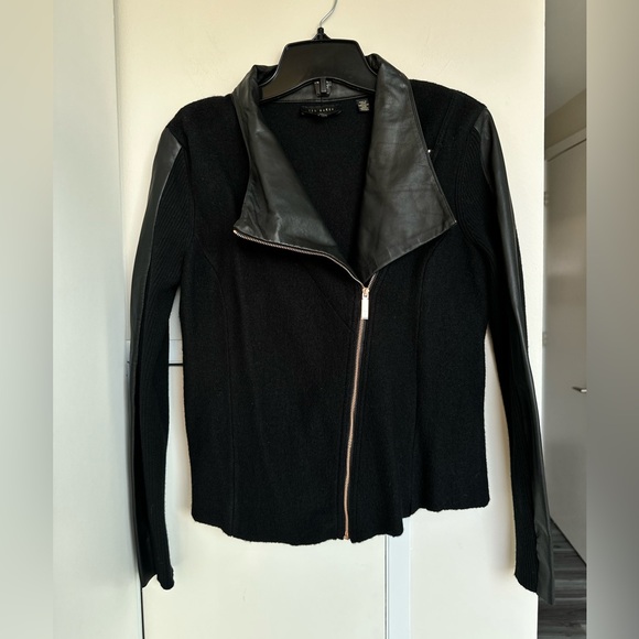 Ted Baker NWOT Black Asymmetric Zip Leather-Trim Wool Jacket - Picture 2 of 16
